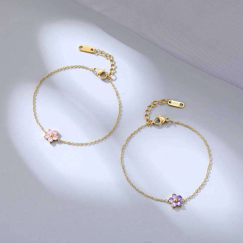New Stainless Steel 16K Gold Plated Colorful Cubic Zirconia Flower for Women Girls Waterproof Dainty Bracelet Jewelry 25H1229
