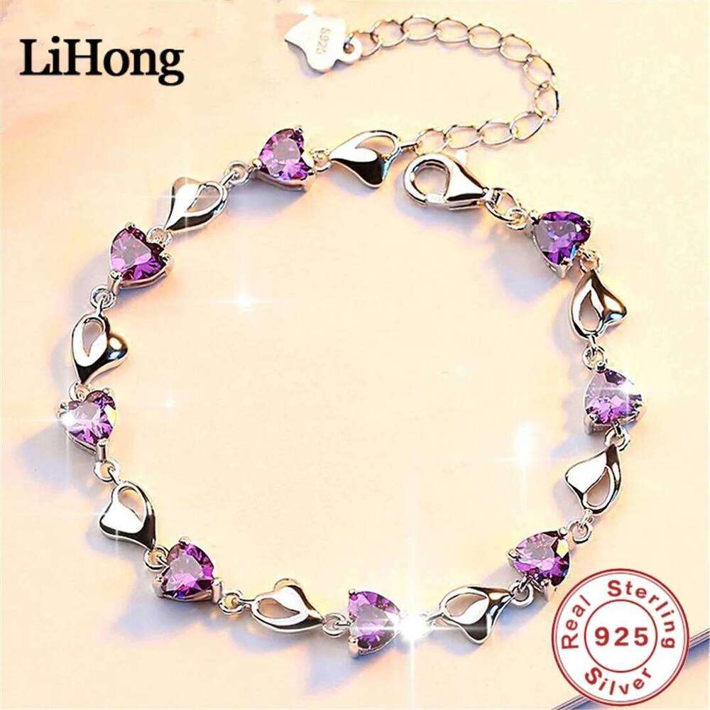 Luxury S925 Sterling Silver Love Bracelet Purple Blue Zircon Crystal for Women Party Engagement Jewelry Gift 25H1229