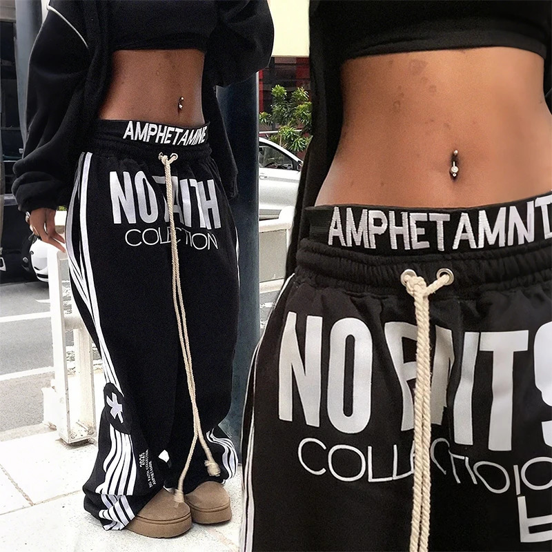 Y2K Loose Hip Hop Pants Letter Printing Side Stripes Casual Drawstring Sweatpants Trend Men Women Comfortable Fashion Streetwear 251226