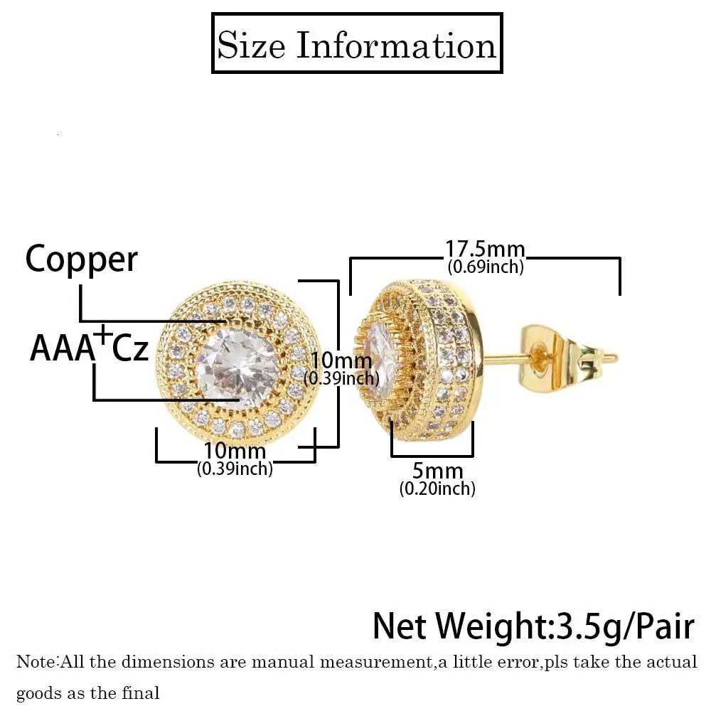 Hip Hop Full Cubic Zircon Round Ear Studs Men Zircon CZ Stone Bling Iced Out Stud Earring Copper Earrings For Men Women Jewelry 251224