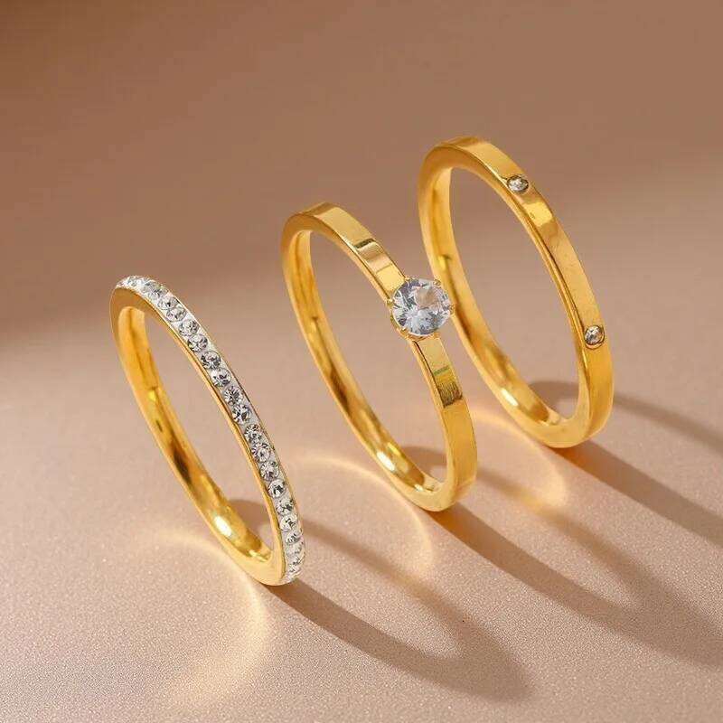 ZAKOL New Trendy Stainless Steel Ring For Women Three-Piece Set Zircon Classic Fashion Finger Accessory Jewelry Female Gifts