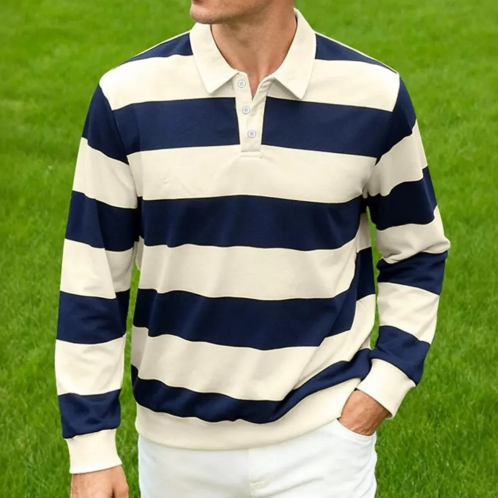 Mens Horizontal Stripes Rugby Polo Long Sleeve Shirts Collared Casual Outdoor Athleisure Spring Fall Men Clothing 251219