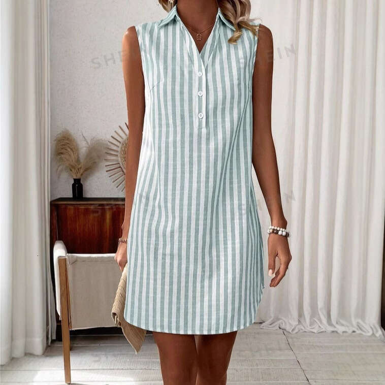 Dress for women Minimalist Sleeveless V-Neck Button Striped Shirt Dress, 2026 European and American Fashion Loose Casual Vacation Outfit