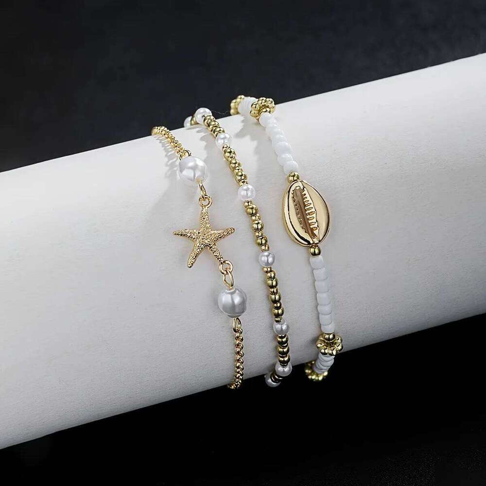 Women's Bohemian Style Beach Vacation Ankle Chains Three-Layer Foot Accessories With Rice Pearls Seashells And Starfish