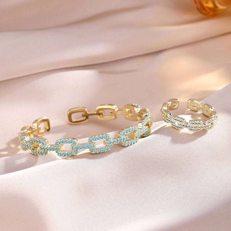 ZAKOL New Niche Design Turquoise CC Shape Open Bracelet Ring Set for Women Buling Zircon Exquisite Wedding Party Jewelry