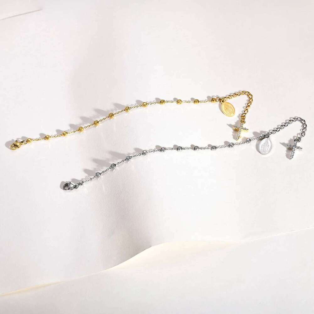 Charm Cubic Zirconia Cross Rosary Bracelet for Women, Stainless Steel Mary Adjustable Link, Religious Jewelry Gift 25H1229