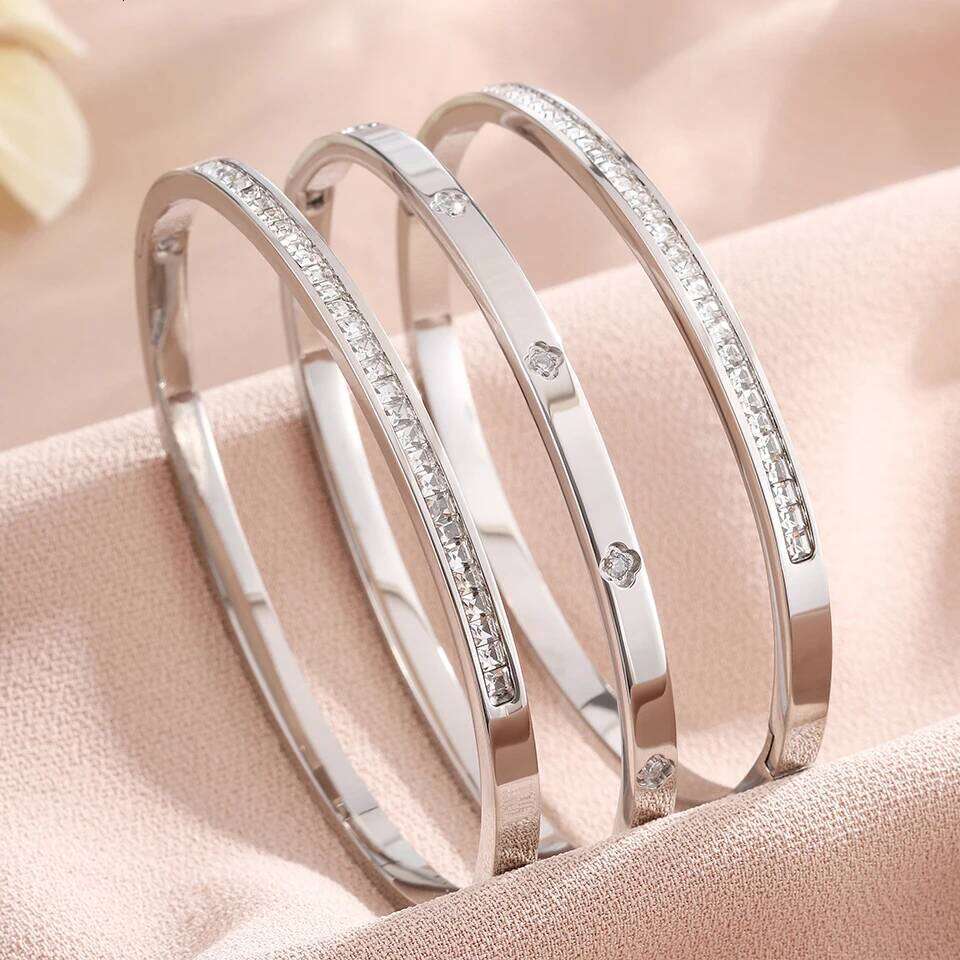 ZAKOL 3pcs Classic Stainless Steel Bracelet for Women Sliver/Gold Color Shiny Zircon Inlaid Non-fading Stacked Jewelry