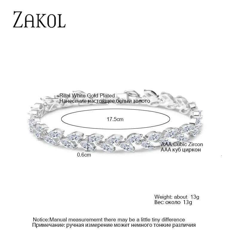 ZAKOL Fashion White Leaf Bracelets Bangles for Women Men Shinny Marquise Cut Cubic Zirconia Bridal Wedding Party Jewelry