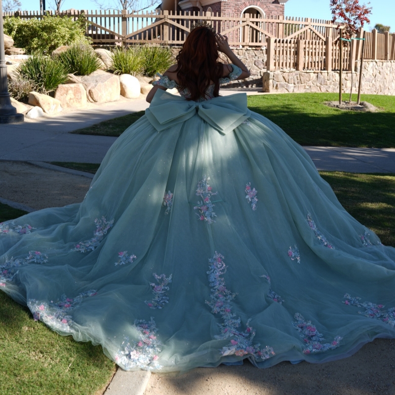 Mint Green Shiny Quinceanera Dresses Ball Gown Off The Shoulder Applique Lace Beading Crystal Bow Tull Corset Party Birthday Sweet 16 Dres Vestidos 15