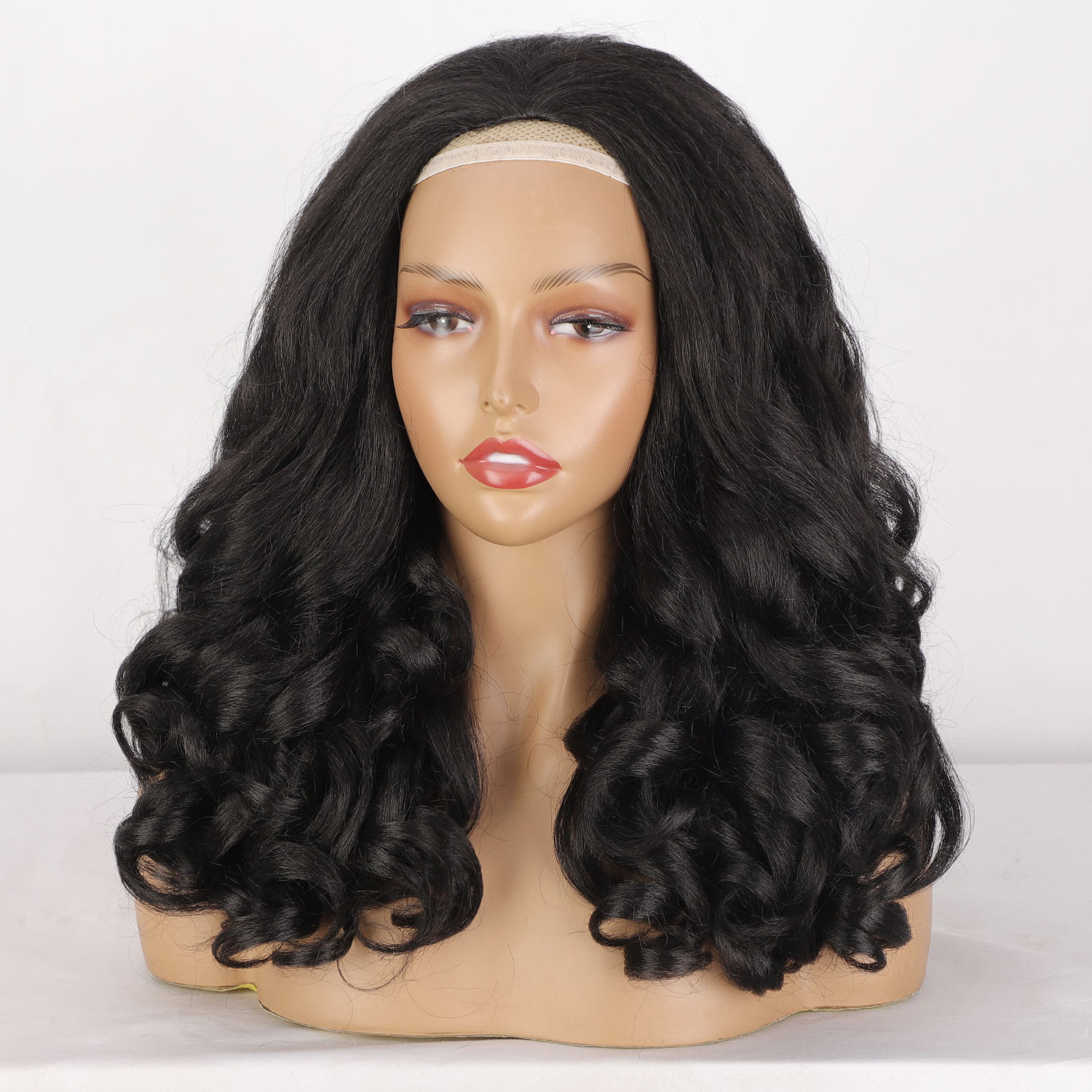 Short wave heat resistant synthetic wig, black, women's natural black headband curly wig, wholesale at affordable prices