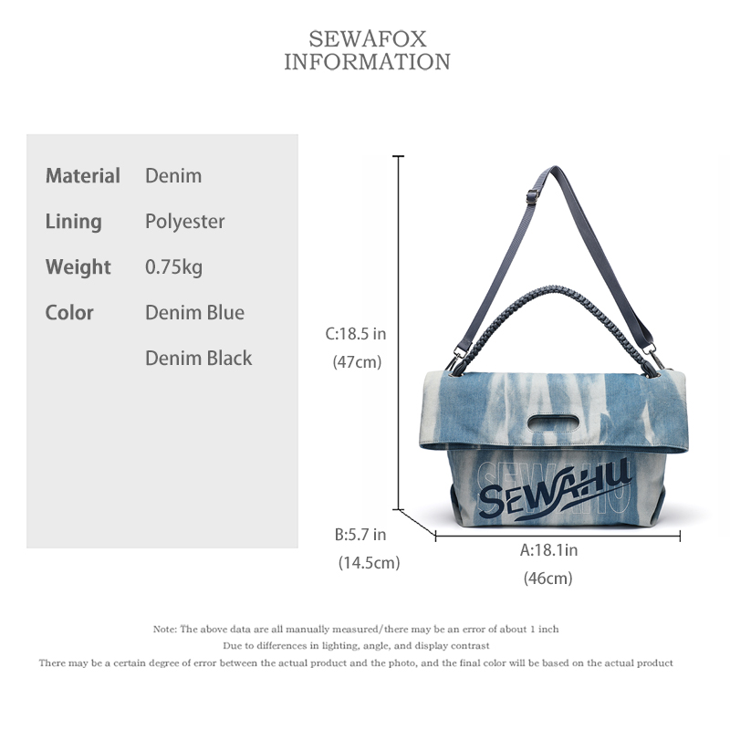 Sewafox Women Fashion Denim Shoulder Bag Versatile Tote Bag for Commute Casual Travel Crossbody Bag
