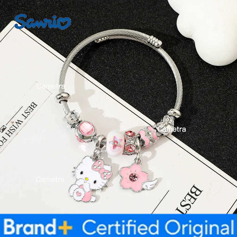 Sanrio Hello Kitty Pink Enamel Charm Bracelet Cherry Blossom Pendant Cute Bangle for Women Girls Fashion Accessory H251229