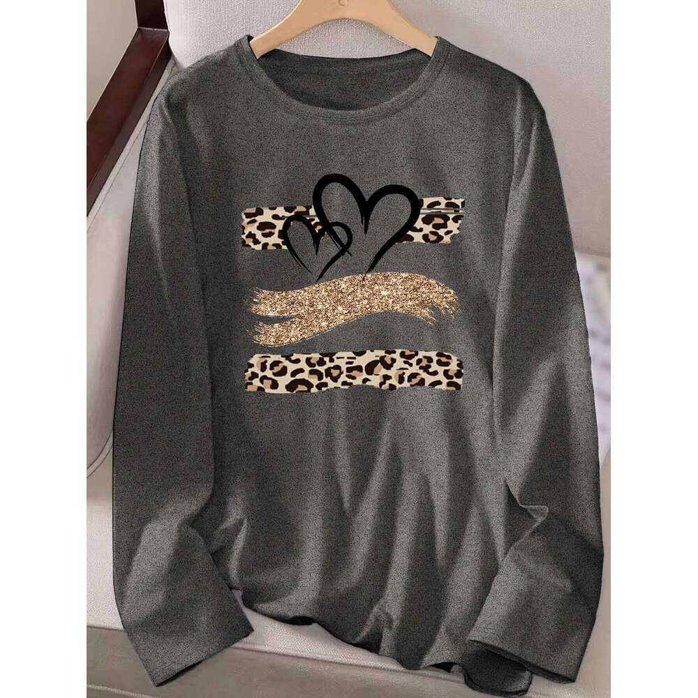 Women's Spring And Autumn 100% Cotton Fashion Casual Loose Leopard Heart Pattern Printed Round Neck Long Sleeve T-Shirt ZHE HAN
