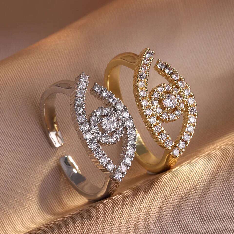 ZAKOL Fashion Turkey Evil Eye Zircon Inlaid Adjustable Open Rings Sliver Gold Color Aesthetic Ring Party Jewelry Anillos Mujer
