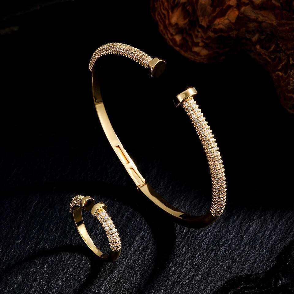 ZAKOL Shiny Micro Zircon Nail Head Adjustable Bracelet Ring Luxury Copper Metal 18K Gold Color Wedding Engagement Jewelry