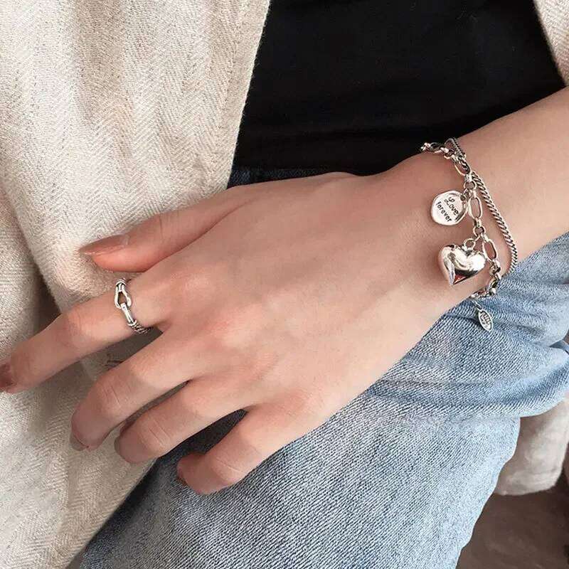 Elegant 925 Sterling Love Letter Heart Double Layer Bracelet Female Unique Design Thai Silver Retro Light Luxury Jewelry 25H1229