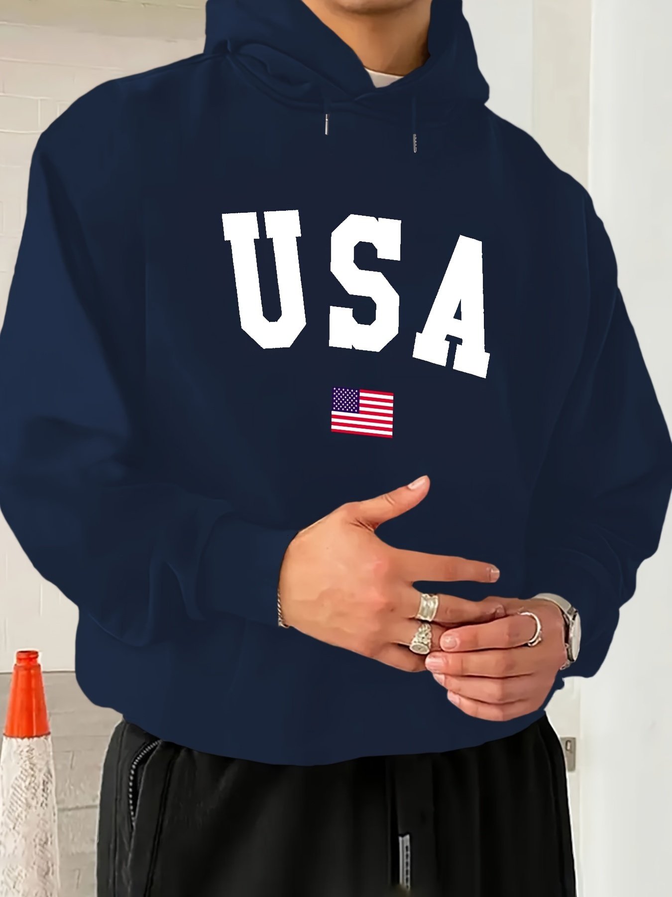 Men'S Casual Polyester Hoodie USA Flag Print, Long Sleeve Pullover Sweatshirt with Pockets, Regular Fit, Slight Stretch, 220gsm Knit Fabric, Mach