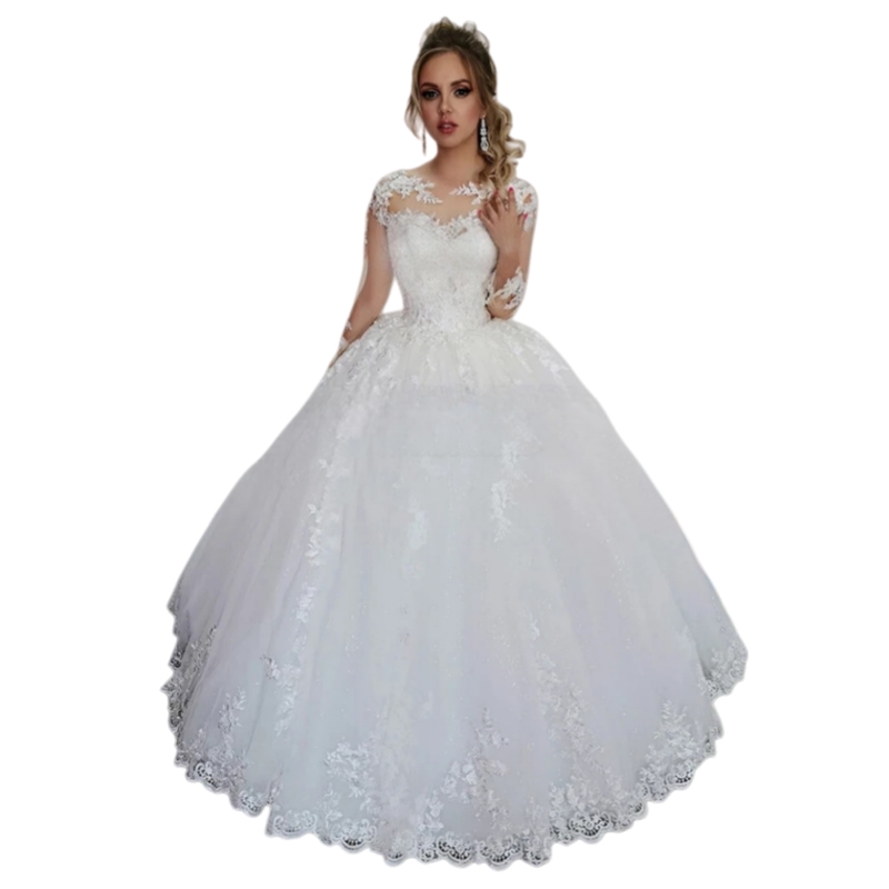 Elegant Ball Gown Wedding Dresses Long Sleeves Lace Appliques Floor Length Ivory Tulle Bridal Gowns Custom Made Plus Size Bride Dress