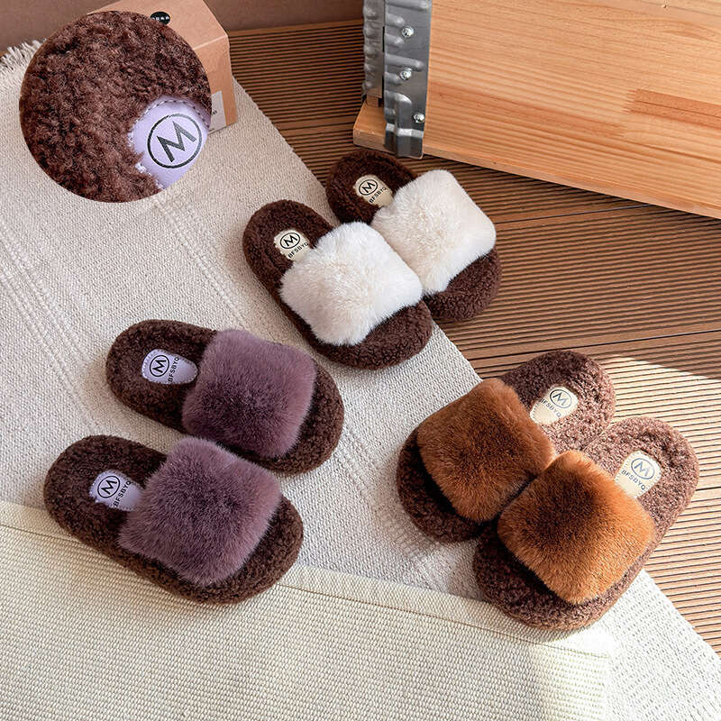 Ins Slip-On Furry 2025 Autumn Winter New Korean Style Girls' Outdoor Thick-Soled Plush One-Word Cotton Slippers