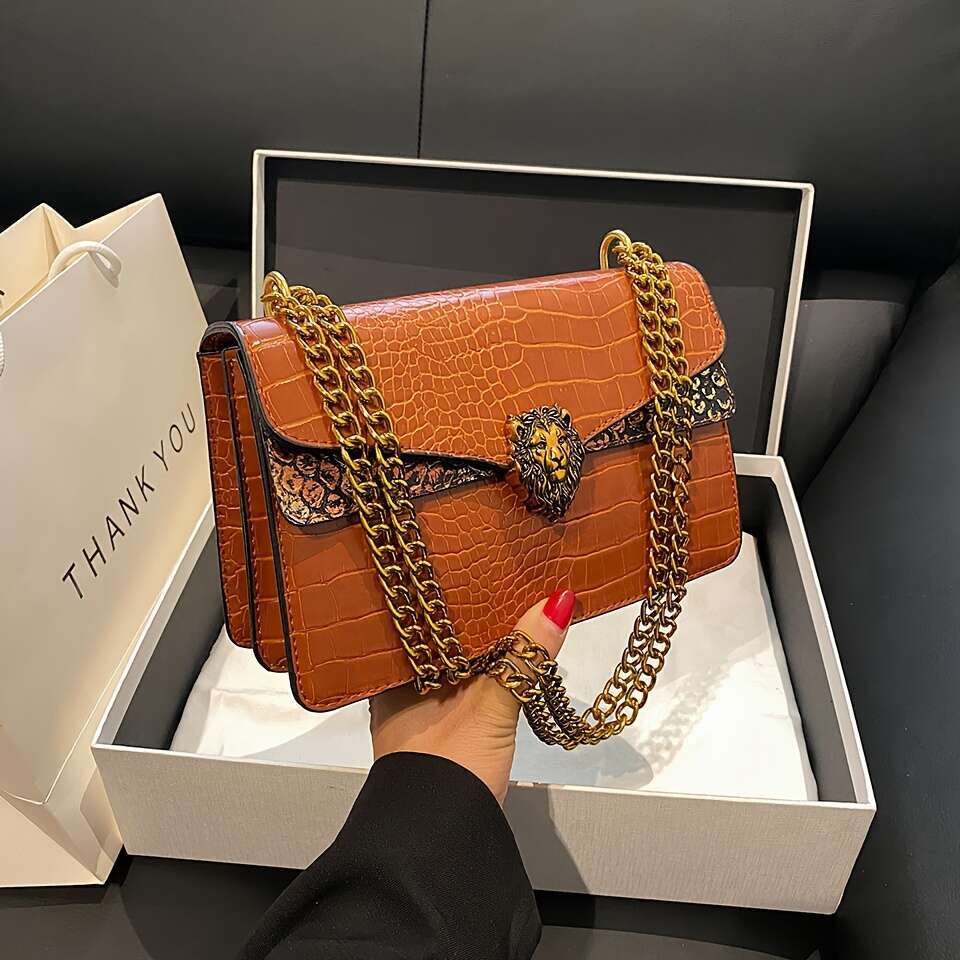 JINXIANGGUO Crossbody Crocodile Print Women S New Fashion Versatile Stylish Vintage Small Square Shoulder Bag With Chain