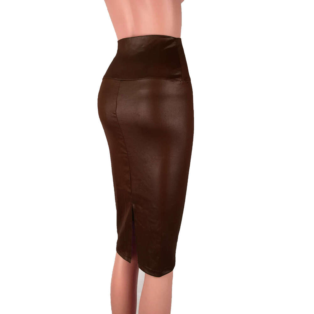 Women's Pencil Skirt Stretchy High Waist Leather Brown Midi with Side Split for Daily Office Leather Waist Knee-Length Bodycon Versatile High