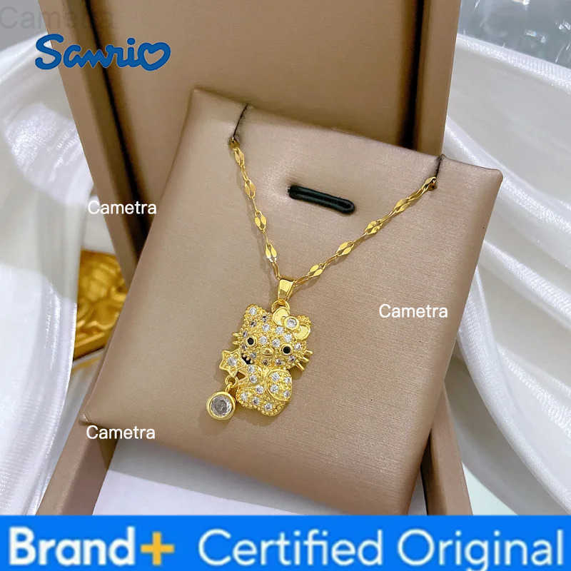 Sanrio Cute Zircon Hello Kitty with Star Pendant Necklace for Women Girls Stainless Steel Chain Gold Color Sweet Jewelry Gifts H251229
