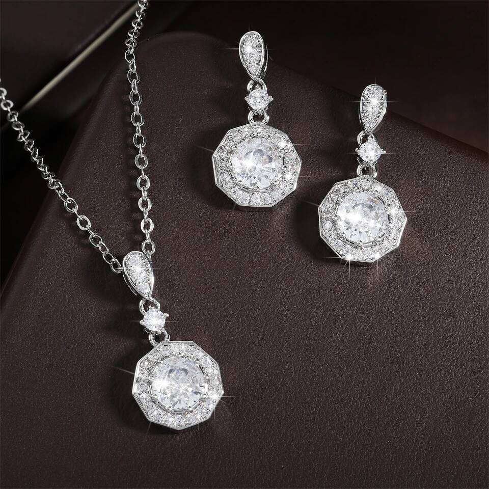 ZAKOL Luxury AAA Cubic Zirconia Dangle Earring Necklace Set for Women Sliver Color Crystal Engagement Wedding Jewelry