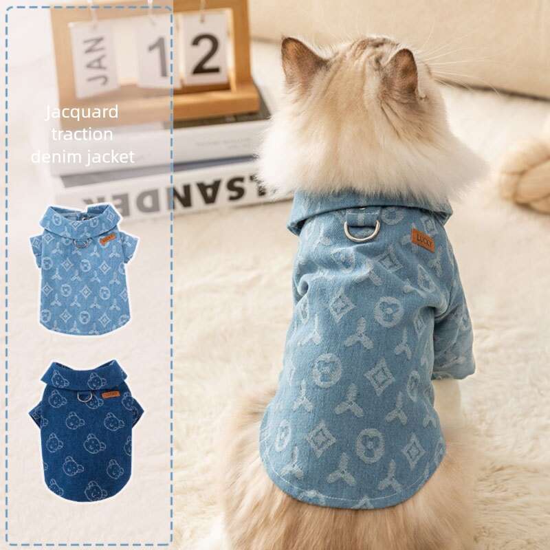Winter Cat with Leash Attachment Denim Jacket Adult Cats and Kittens Teddy Autumn Coat for Small Dogs Pet Clothes