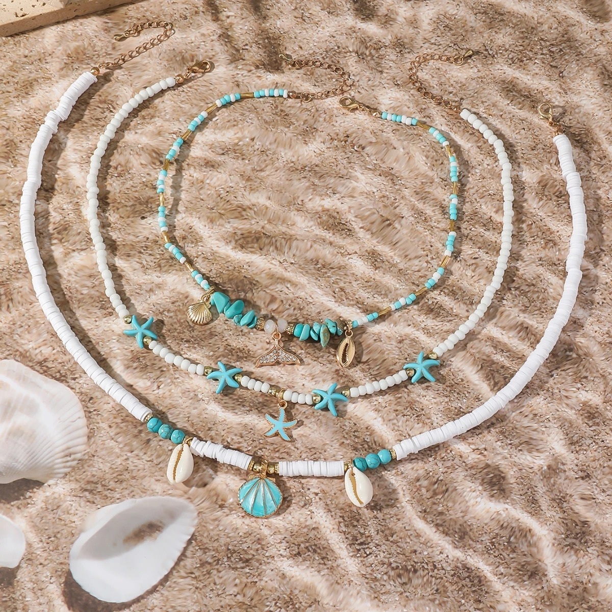 Bohemain Vintage Shell Starfish Multi Layered Necklace for Women Ethnic Handmade Fish Tail Beads Necklace Summer Jewelry Gifts 251224