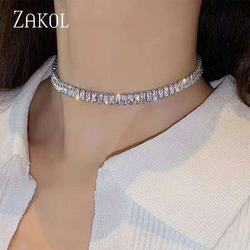 ZAKOL Korean Fashion Rectangle Zircon Choker Necklaces for Women Luxury Clear Geometric CZ Sexy Banquet Party Jewelry
