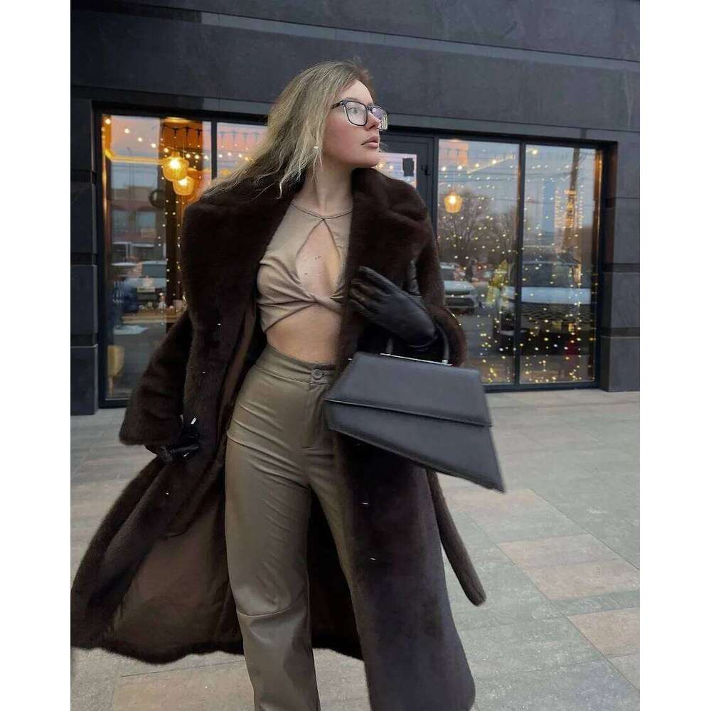 Brown Vintage Premium Faux Maxi Coat With Belt Stunning Mob Wife Parka Outwear Mink Fur Cozy Winter Warm Outfit Inspiration