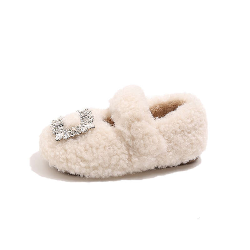 INS Fleece-Lined Fur 2025 Autumn Winter New Korean Style Girls' Rhinestone Princess Soft Sole Warm Cotton Shoes