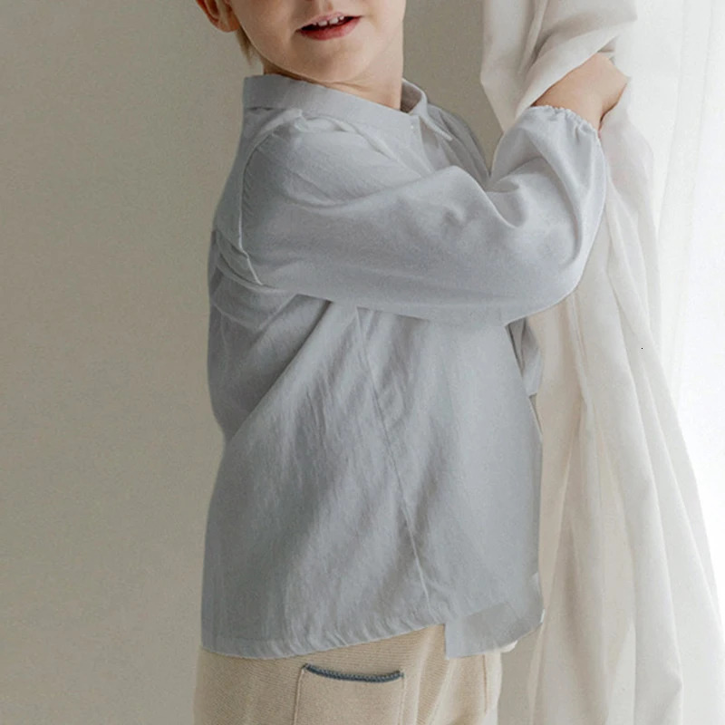 Boys Cotton And Linen Buttons White Shirt Autumn Children Casual Lapel Collar LongSleeved Shirts Cardigan Girls Blouse 251218