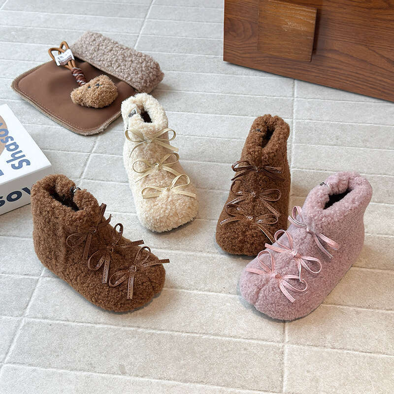 INS French Lolita Short 2025 Winter New Korean Style Girls' Bowknot Fleece-Lined Warm Furry Cotton Boots