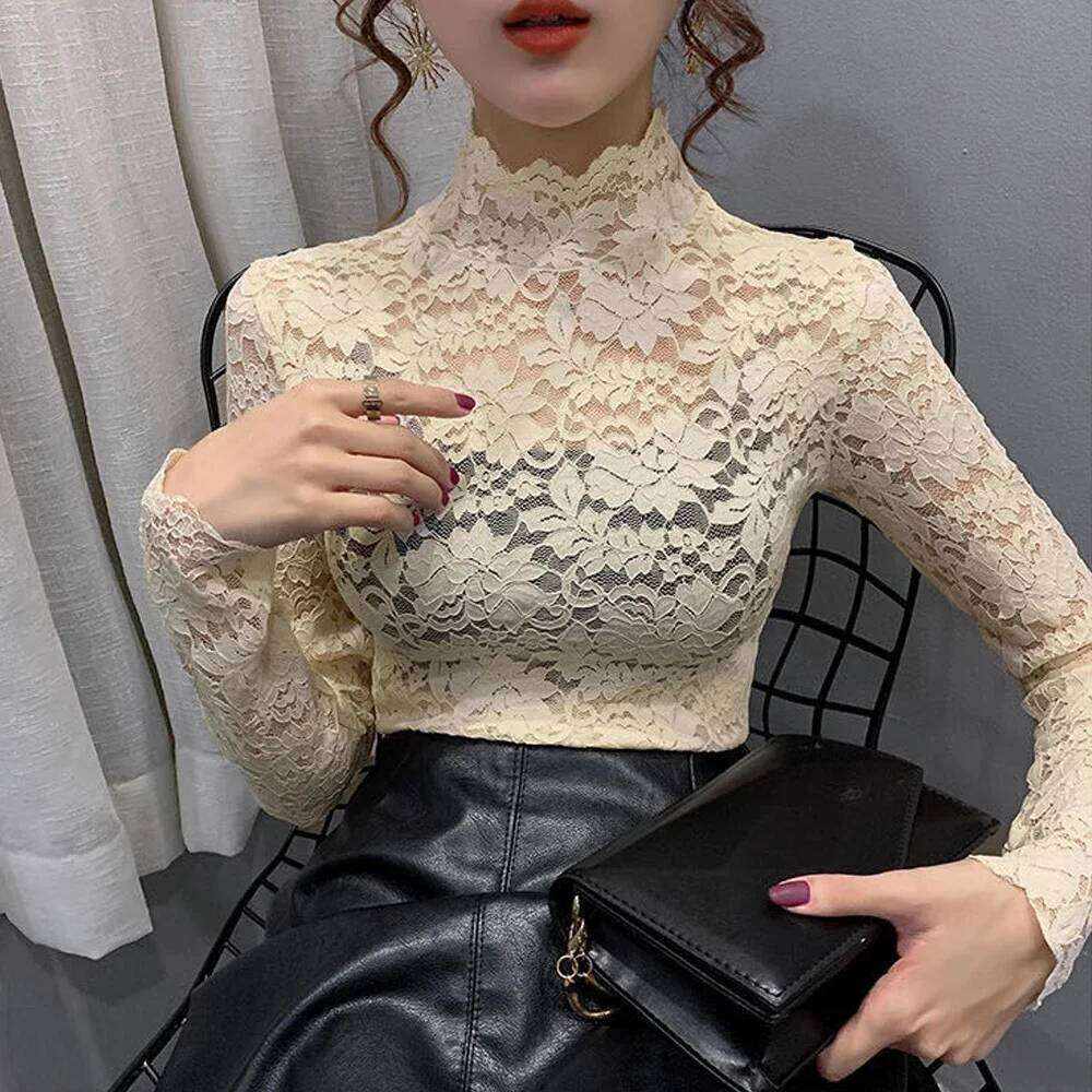 Stretch Floral Petal Sleeve Women's Long Sleeved S-3Xl T Shirt Ladies Perspective Blouse Tops Sexy Lace Tees Clothing ZHE HAN