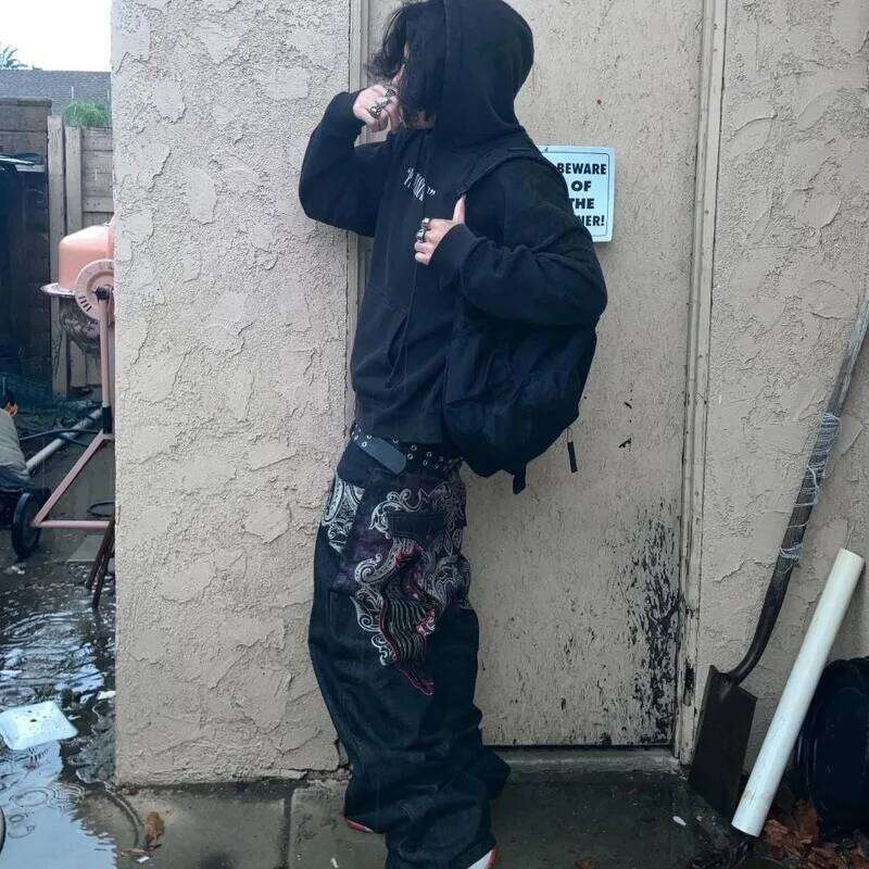 Streetwear New Fashion Big Pattern Embroidered Baggy Jeans Women Y2K Rock Hip Hop Retro Popular Casual High Waist Wide Leg Pants