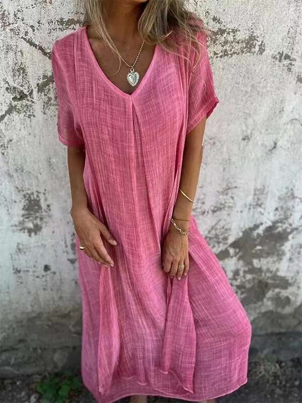 Dress for women Comfortable Soft Casual Home Dress, Cotton Linen V-Neck Relaxed Loungewear