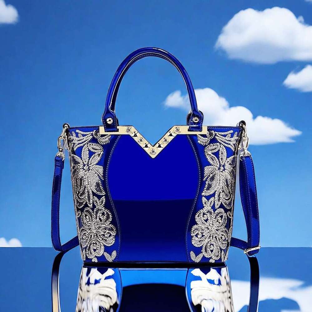 JINXIANGGUO Designer Floral Embroidery Patent Leather Handbag For Women Large Capacity Shoulder Tote With Zipper Closure Polyester Lined Paint Detail 