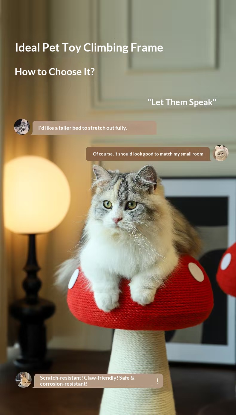 Red mushroom cat climbing frame grinding claws big cat grab column hemp rope ball vertical cat grab board cat tree cat toy.