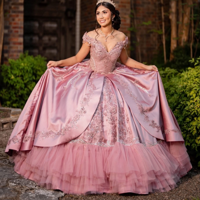 Pink Shiny Quinceanera Dresses Ball Gown Off The Shoulder Applique Lace Beading Crystal Tiered Tull Corset Party Birthday Sweet 16 Dres Vestidos 15 An