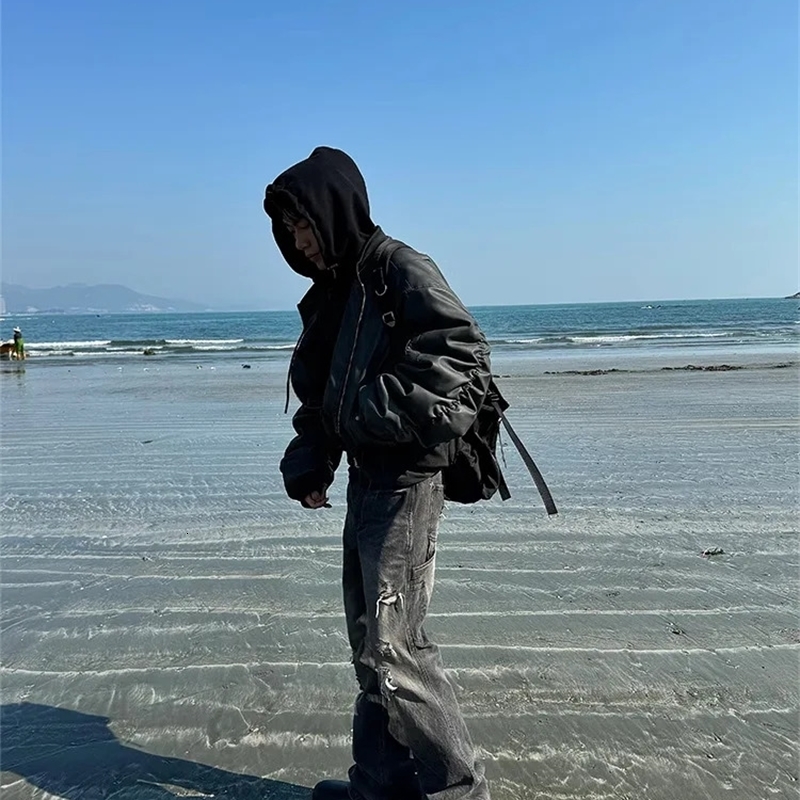 Double Layer Bomber Jacket Leather Cotton Pilot Coat Hooded Outerwear Mens Loose Fit Casual Style from Mainland China 251218