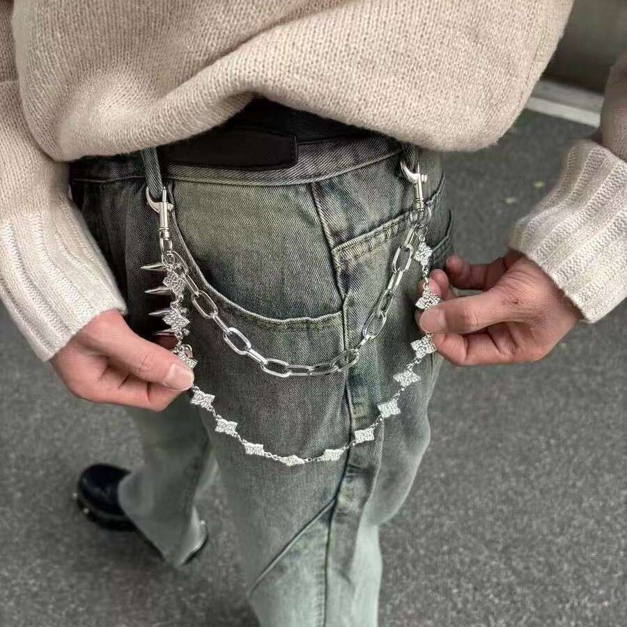 Papr Original "Handmade In Stock" Shiny Wide Four-Leaf Clover Cleanfit Silver Gemstone Pants Chain