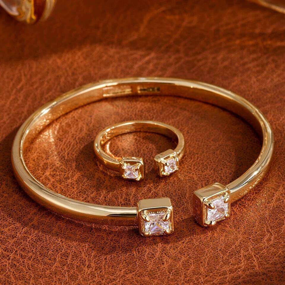 ZAKOL Elegant Shiny Square Zircon Open Ring&Bracelets New Trendy 18K Gold Plated Engagement Wedding Jewelry Two-piece Set