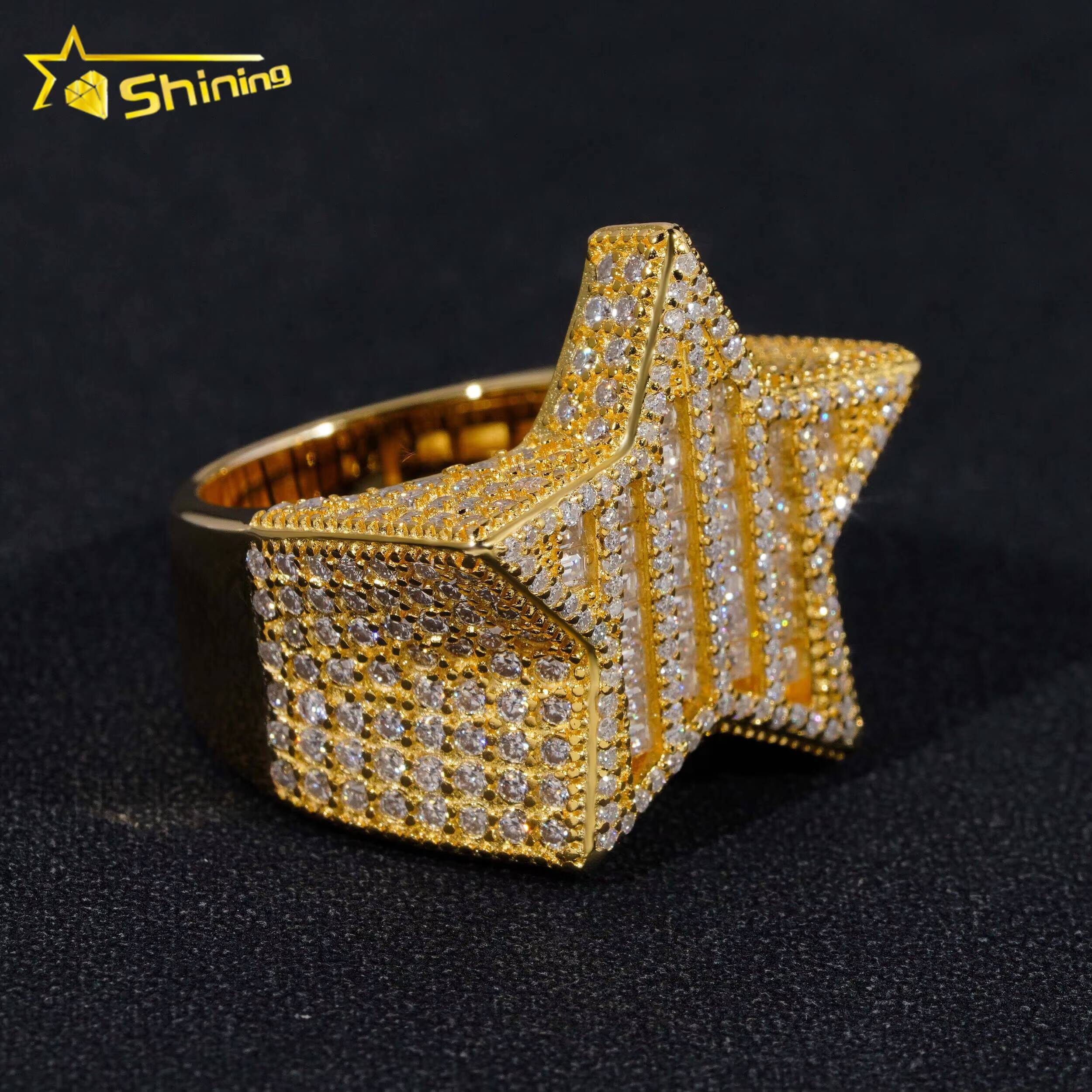 Fine Jewelry Luxury Design Baguette Diamond Hip Hop Star 925 Silver Iced Out Mens Moissanite Ring