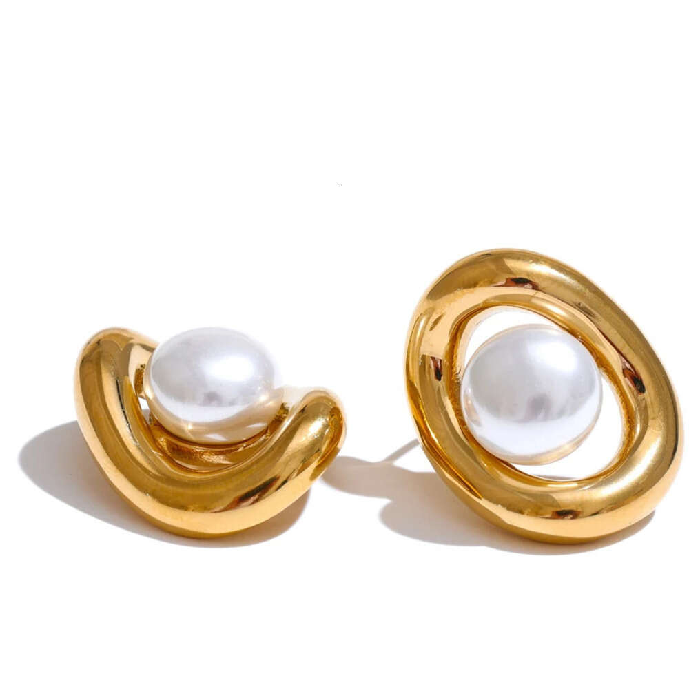 Yhpup Fashion Stainless Steel Simulated Pearls Hollow Oval Geometric Stud Earrings Prevent Allergy Metal Arrival Jewelry Daily Liuyuemoshang