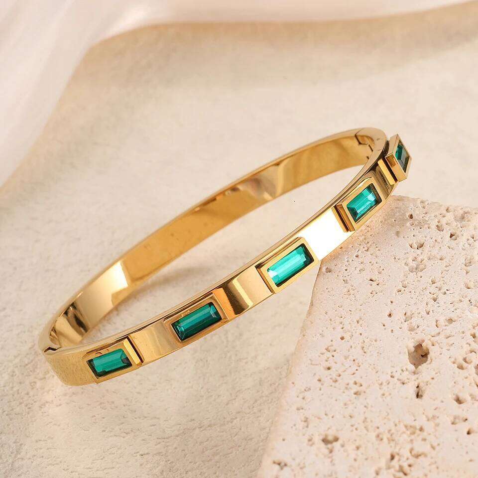 ZAKOL New Summer Fashion Green CZ Stainless Steel Stacked Bracelet Bangles for Women Female Aesthetic Party Jewelry