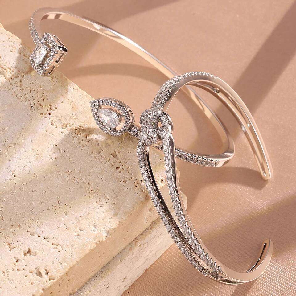 ZAKOL 2 Pcs Brilliant AAA Cubic Zirconia CC Shape Open Bracelet Water Drop Crystal Zircon Bangle Women's Wedding Jewelry