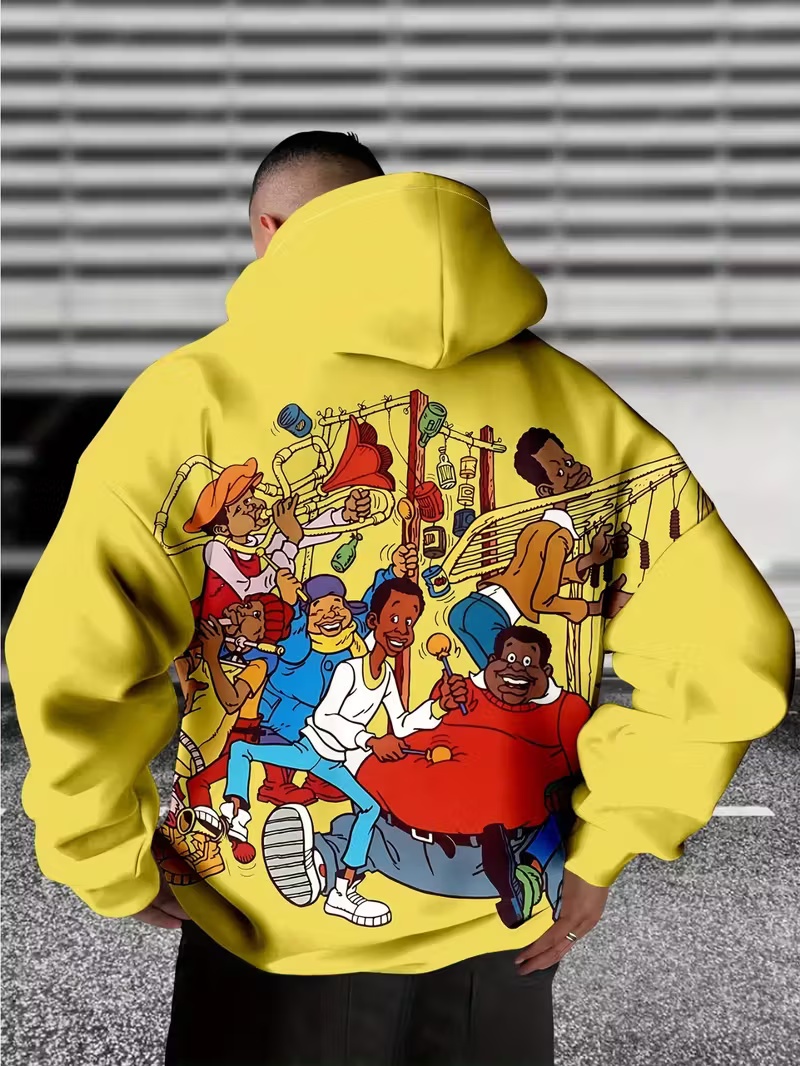 New Men's Hooded Sweatshirt Yellow Fun Cartoon Character Print Trendy Relaxed-Fit Casual Pullover Hoodie