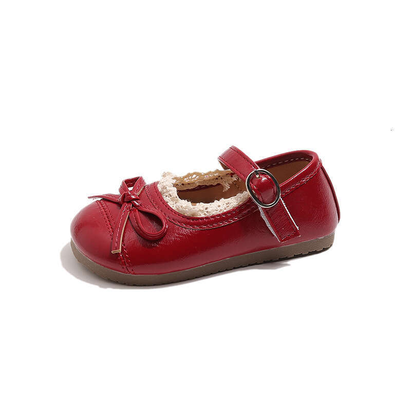 2025 Spring and Autumn New Korean Style Girls' Lace Edge Little Leather Shoes with Bow Princess Soft Sole Mary Jane Flats