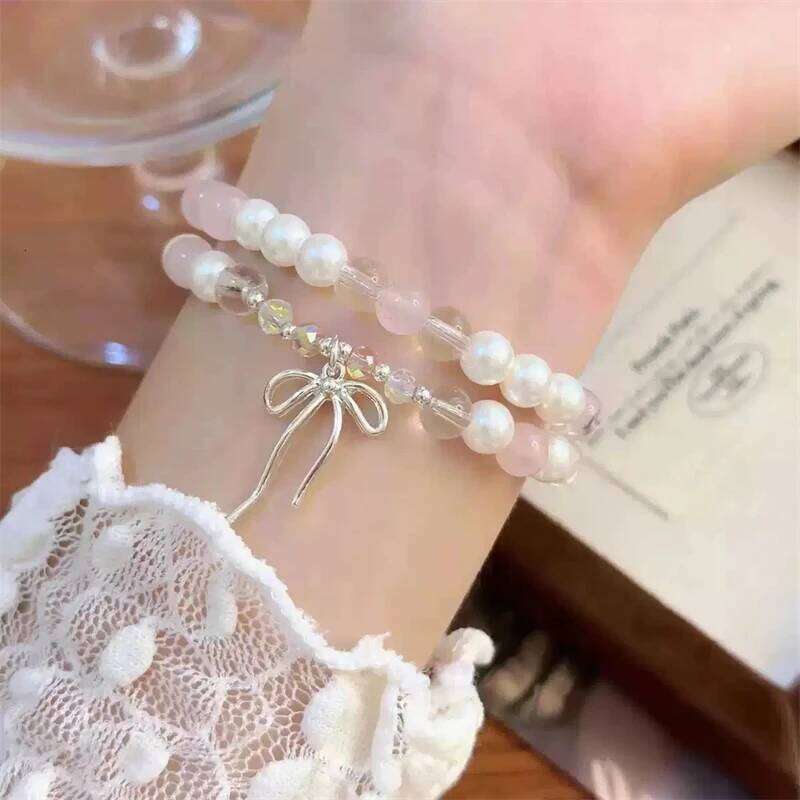 Cute Pink Beaded Imitation Pearl Bracelet For Women Girl Elegant Y2k Sweet Korean Charm Bowknot Bow Jewelry Party Gifts 25H1229
